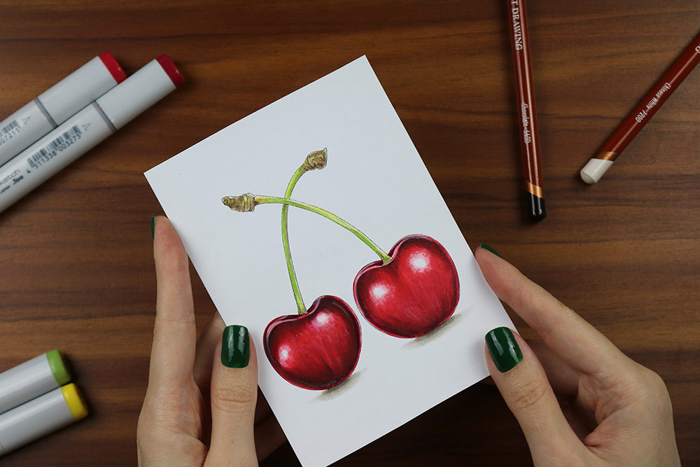 Ilustração de duas cerejas pintadas à mão com Copic Markers